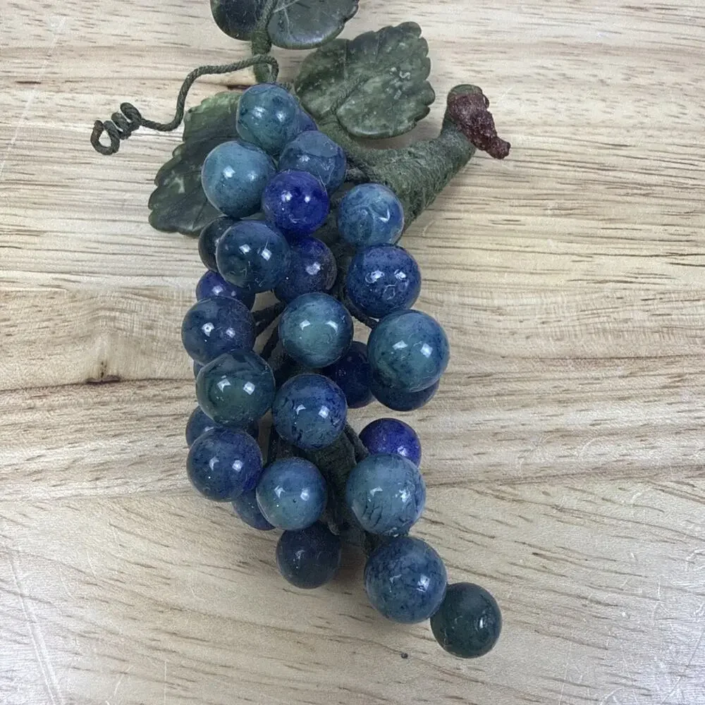 Vintage Set Of 2 Blue Agate Stone Grape Clusters With Jade Stone Leaves